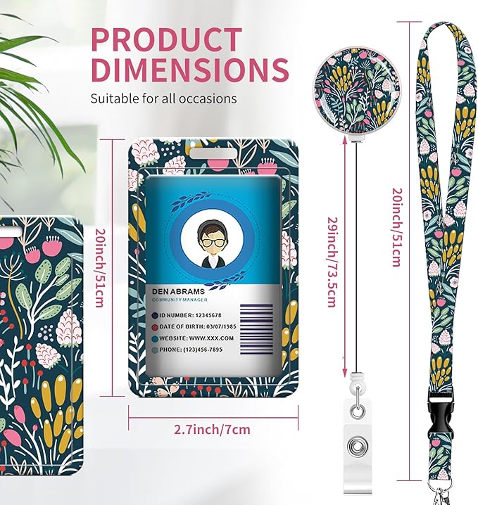 ID Badge Holder with Retractable Lanyard and Keychain, Badge Reel with Rotate Carabiner Clip,Beige Flower Card Name Tag Lanyard ID Protector Bage Clips for Student, Women, Office (Cute Boho Flower)