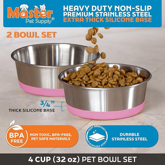 Master Pet Supply Stainless Steel Dog Bowls Set of 2 with Extra Thick Silicone Base - 4 Cup (32 oz) Hyper Pink, Non-Slip, Dishwasher Safe Metal Bowls, Pet Dog Food Bowl for Dogs, Cats, Anti Rust