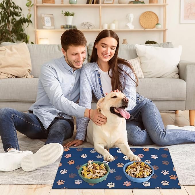 Blue Pet Fooding Mat - Absorbent Dog Cat Feeding Mat for Food and Water Bowl, No Stains Quick Dry Cat Placemat with Waterproof Rubber Backing, Pet Supplies for Messy Drinkers (12 X 20)