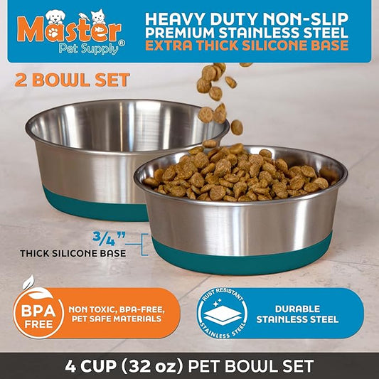 Master Pet Supply Stainless Steel Dog Bowls Set of 2 with Extra Thick Silicone Base - 4 Cup (32 oz) Emerald Sea, Non-Slip, Dishwasher Safe Metal Bowls, Pet Dog Food Bowl for Dogs, Cats, Anti Rust