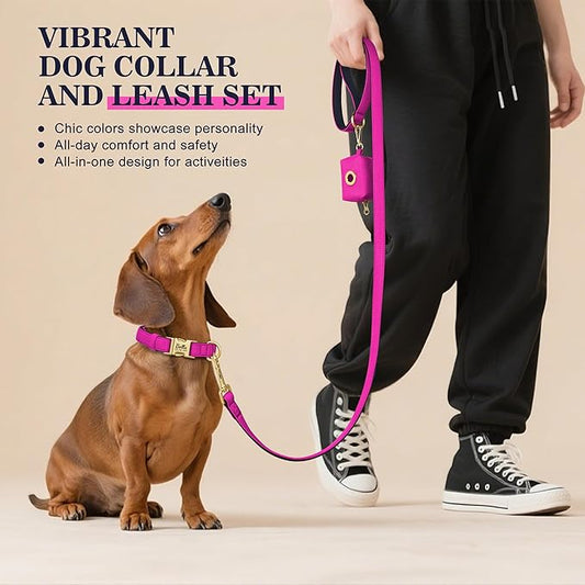 PET ARTIST Colorful Personalized Dog Collars, Custom Dog Collar with Silent Engraved ID Tag, Lightweight Breathable Nylon & Soft Padded, Matching Leash & Poop Bag for Medium Dogs,Rose,M Fit 13-20"