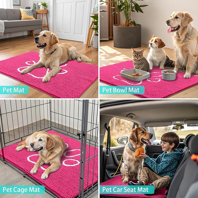 Smiry Dog Door Mat for Muddy Paws, Absorbent Dirt Trapper Non Slip Quick Dry Washable Chenille Mat for Mud Dogs, Entry Rug for Indoor and Outdoor (36x24 Inches, Hot Pink and White)