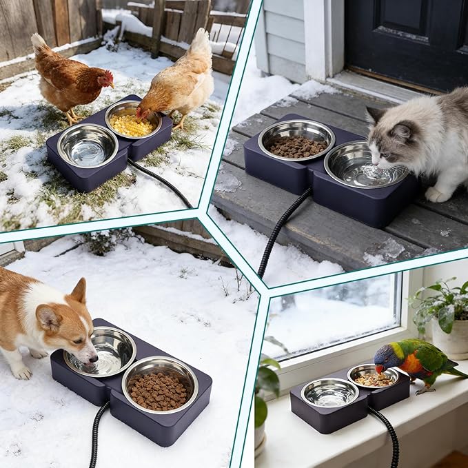 Heated Pet Bowl for Outdoor Cats & Dogs in Winter, Anti-Freeze Food & Water Pet Dual Bowl with Chew-Resistant Cord, Waterproof for Winter Feeding, 20.3oz Each
