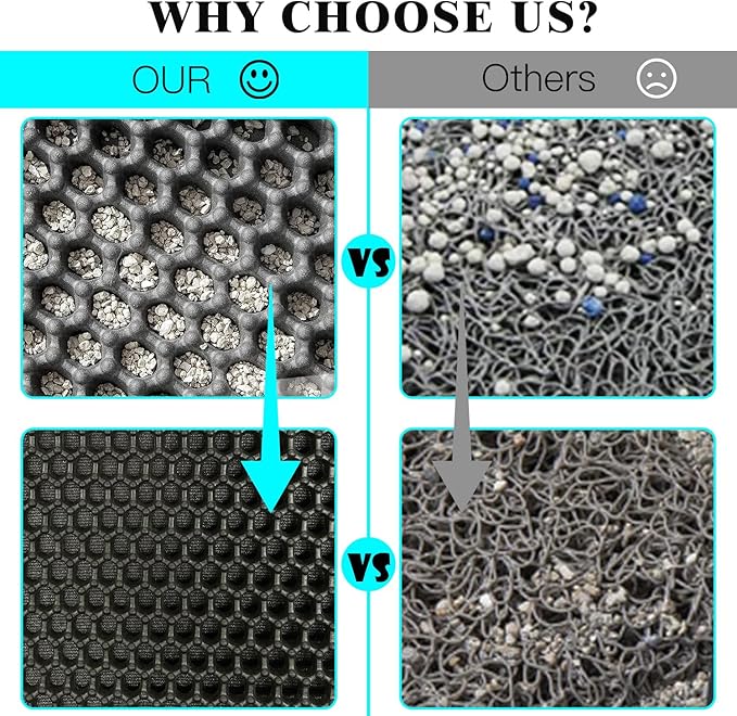 Cat Litter Mat 24x18 Inches, Honeycomb Double Layer Traps Litter & Waterproof Leatherette Bottom Prevents Urine Leaks, Durable & Easy Clean Pet Floor Protector for Cat Litter Box Area(Black)
