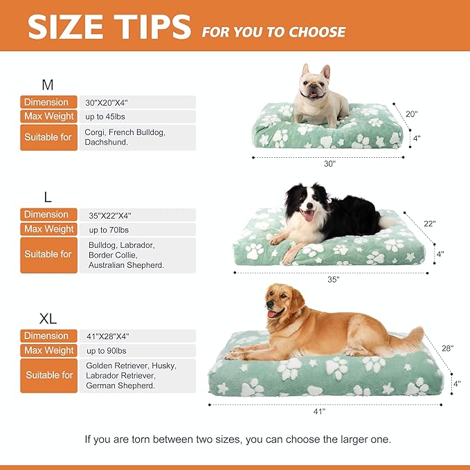 Dog Beds for Large Dogs, Cute Thick Dog Bed for Crate Kennel, Fluffy Pet Bed with Removable Washable Cover and Anti-Slip Bottom, 35"x 22", Green Paw