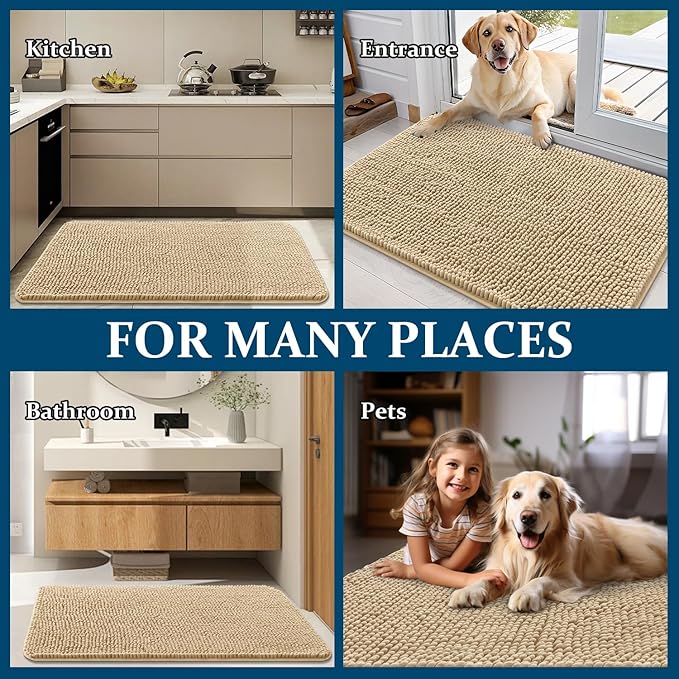 OLANLY Dog Door Mat for Muddy Paws 32x20, Absorbs Moisture and Dirt, Absorbent Non-Slip Washable Doormat, Quick Dry Chenille Mud Mat for Dogs, Entry Indoor Entryway Carpet for Inside Floor, Beige