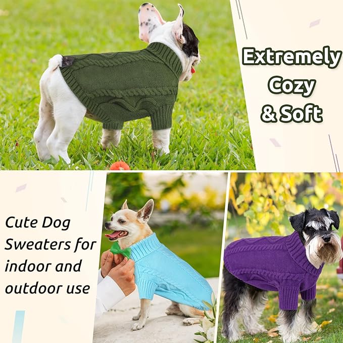 Queenmore Small Dog Pullover Sweater, Cold Weather Cable Knitwear, Classic Turtleneck Thick Warm Clothes for Chihuahua, Bulldog, Dachshund, Pug (Sky Blue, X-Large)
