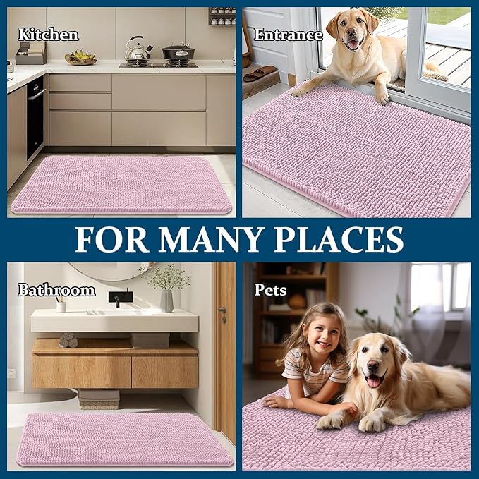 OLANLY Dog Door Mat for Muddy Paws 59x32, Absorbs Moisture and Dirt, Absorbent Non-Slip Washable Doormat, Quick Dry Chenille Mud Mat for Dogs, Entry Indoor Entryway Carpet for Inside Floor, Dusty Rose