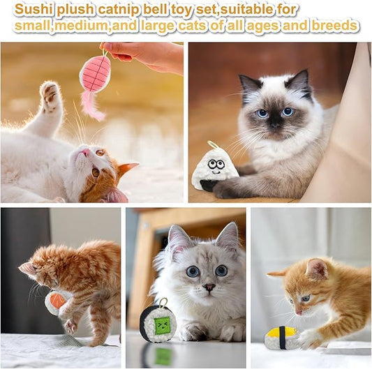 Sushi Cat Toy Set 5pcs Cute Soft Funny Plush Catnip Toys with Bell and Feathers Kitten Teething Chew Toys for Indoor Boredom Relief Interactive Cat Toys Teaser Wand Replacement Accessories