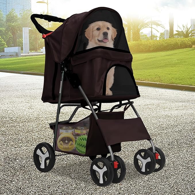 Pet Stroller 4 Wheels Dog Cat Stroller for Medium Small Dogs Cats, Folding Cat Jogger Stroller with Storage Basket & Breathable Mesh, Easy to Walk Travel Carrier