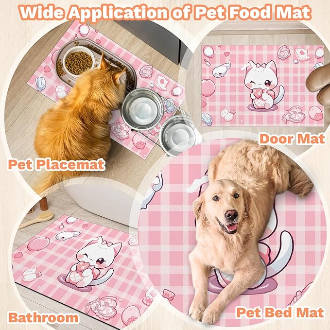 Pink Kitten Dog Food Mat,12"x20" Inches Rapid Absorbent Pet Feeding Mat,Pets Placemat Water Bowl Mats with Rubber Backing,No Stains Dog Cat Feeding Mats Indoor,Pet Accessories Supplies