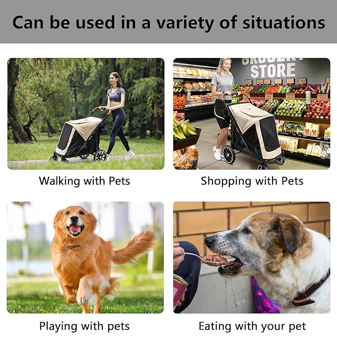 Dog Stroller for Large Dogs up to 50kg One-Button-Collapsing Cat Stroller for 2 Large Cats 360° Wear-Resistant Rubber Wheels Mesh Windows. (Khaki, 39"x24"x31.5")