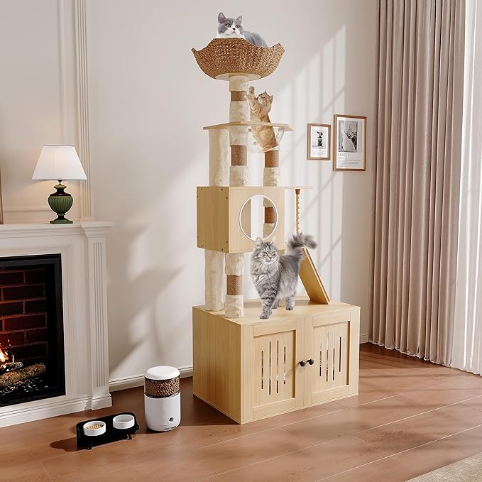 Cat Tree, 66.9-Inch Cat Tower with Litter Box Enclosure, Large Condo with Food Station, Storage, Scratching Posts, Hammock, Washable Cushions