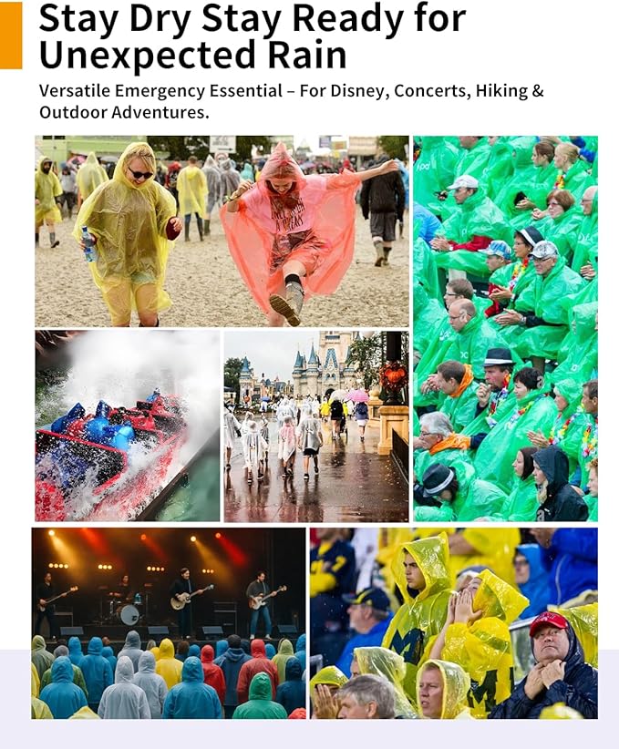 Hitituto Rain Ponchos Family Pack Kids– 6/12/24 Pack Disposable Poncho with Hood, Clear & Assorted Colors, Home Survival Kits