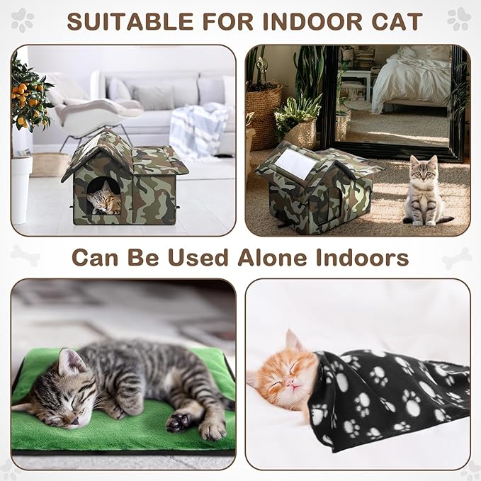 3 Pcs 21"x 18" Outdoor Waterproof Cat House with Curtained Door Self Warming Pad Blanket Large Feral Cat Shelter Winter Camo Collapsible Kitty Dog Bed Outside, 3 Tent Stakes, Easy Assemble