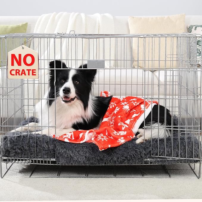 Orthopedic Dog Beds Medium/Large Sized Washable Removable Cover, Plush Dog Bed Waterproof Lining NonSkid Bottom, Crate Foam Pillow Mattress Fluffy Anti Anxiety Pet Pad 35x23 Inch, Dark Grey