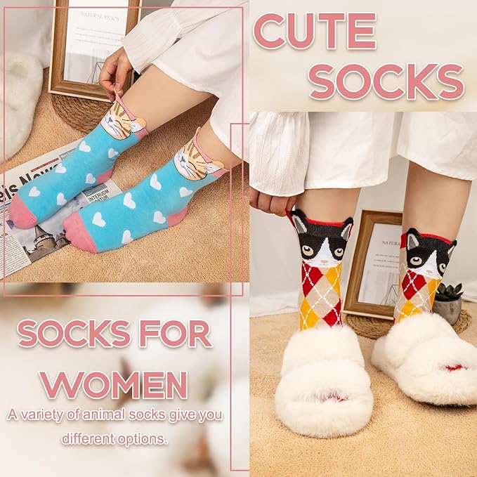 YSense Womens Cute Animal Socks 5 Pairs, Dog Cat Novelty Cartoon Crew Funny Socks Stocking Stuffers Gifts for Women Girl