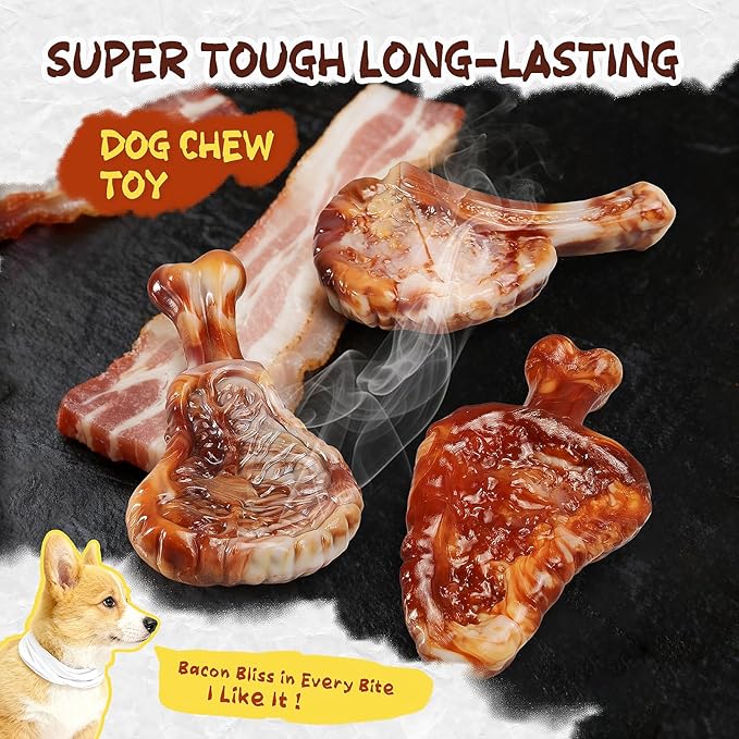 GASAPET Dog Chew Toys for Aggressive Chewers,3 Tough Dog Toys for Medium and Large Breed, Real Bacon Flavored Best Dog Toys to Keep Them Busy, Dog Bones Steak for Teeth Cleaning and Training (Yellow)