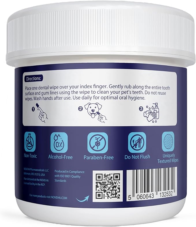 NOVEHA 100PCs Pets Dental Finger Wipes for Dogs & Cats | Freshens Breath, Reduces Plaque | Healthier Gums | Clean Teeth No Toothbrush | Vet Recommended Effective Natural Oral Care | Flavor-Free