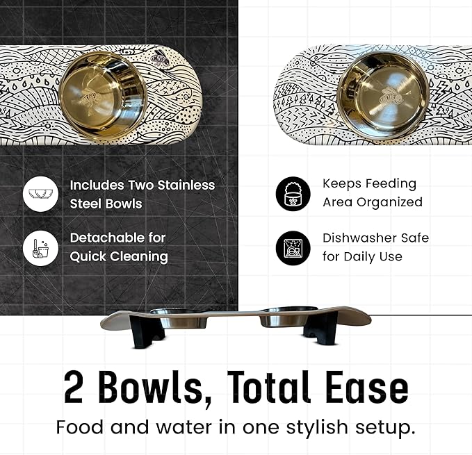 Funky Flies Doodlescape Cat Skatebowl - Elevated Cat Bowl, Elevated Water Bowl, Skateboard Food & Water Stand