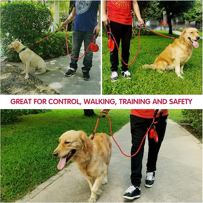 Dog Leash Heavy Duty 6ft, Double Handle Dog Leash with Padded Handle for Traffic Control, Reflective Rope Leashes for Large and Medium Dogs Night Control Safety Training (Red)