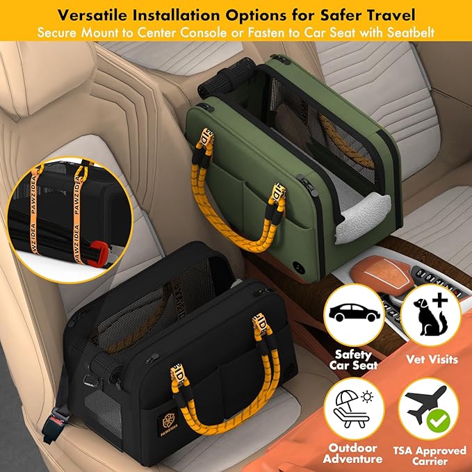 PAWZIDEA Center Console Dog Car Seat, Enclosed Small Dog Armrest Booster Carseat, Secure Straps &Anti Slip, Portable TSA Approved Puppy Pet Carrier Soft-Sided, Removable Pillow Storage Pocket, up 12lb