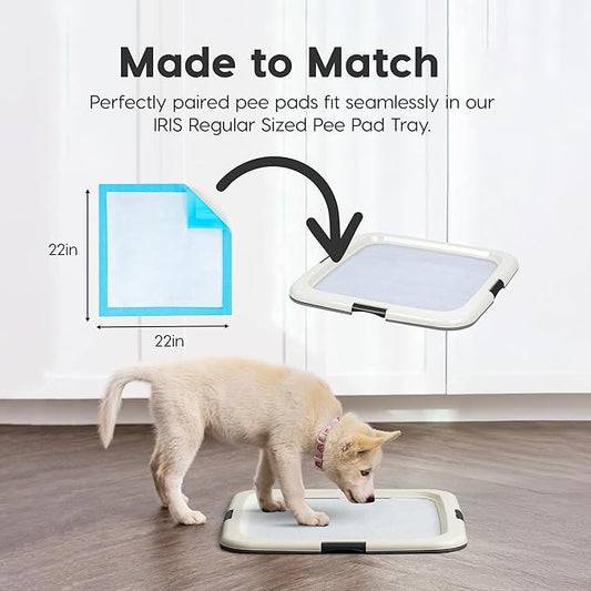 IRIS USA Pee Pad Holder for Puppy Training, Secured Latches, Non-Skid Feet, Fits 22"x22" Pads, Dark Gray + 100 Puppy Pads, Leak Proof, Quick Dry, 6-Layer Absorbent Design, 22"x22"