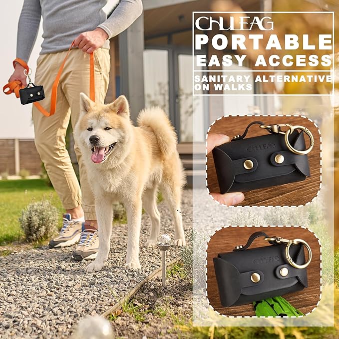 Handmade Leather Dog Poop Bag Dispenser with Belt Attachment,Durable, Stylish Waste Bag Holder, Dog Walkers, Brass Metal Clip, Charcoal Black