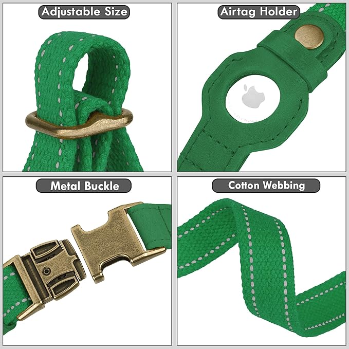 Reflective Leather Dog Collar with AirTag Holder - Soft Apple Airtag Dog Collar with Metal Buckle - Safety Cotton Pet Collars for Dogs Small Large Dogs Puppy (Green, XS, 9"-12")
