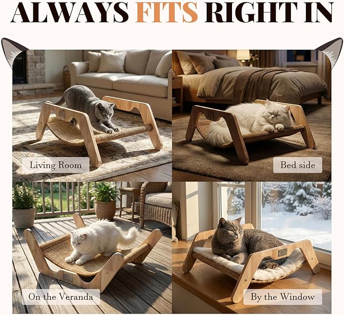 ORDORA 2-in-1 Cat Scratcher Bed, Elevated Wooden Cats Scratch Pad with Plush Mat & Sisal Cat Scratcher for Indoor Cats, Lounger Furniture for Sleeping & Scratching, 23.6"×17.7"