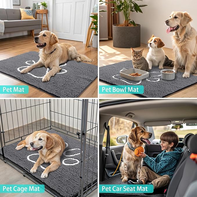 Smiry Dog Door Mat for Muddy Paws, Absorbent Dirt Trapper Non Slip Quick Dry Washable Chenille Mat for Mud Dogs, Entry Rug for Indoor and Outdoor (71x46 Inches, Dark Grey and White)