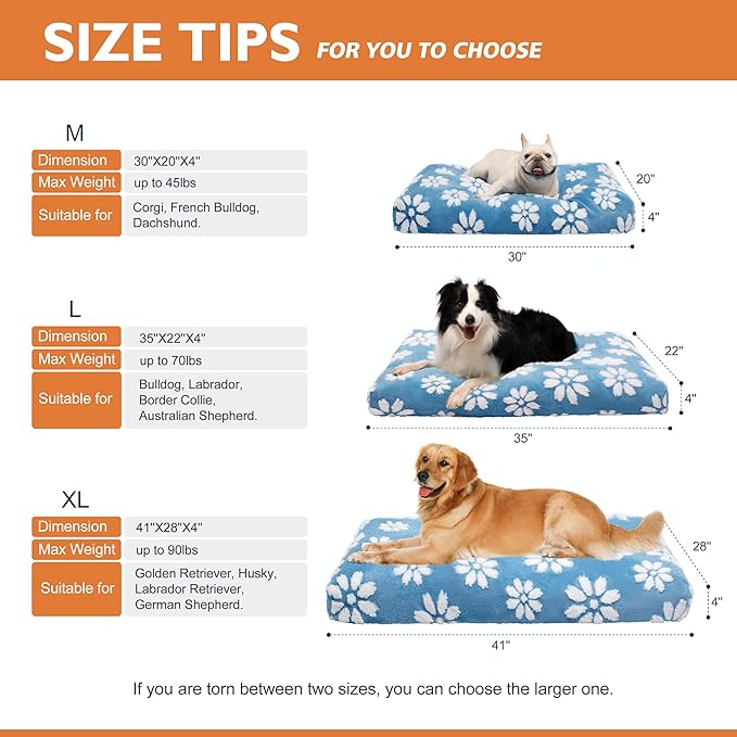 Dog Beds for Large Dogs, Cute Thick Dog Bed for Crate Kennel, Fluffy Pet Bed with Removable Washable Cover and Anti-Slip Bottom, 35"x 22", Blue Flower