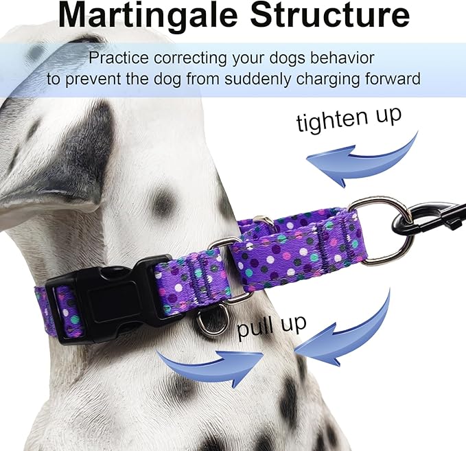 Reflective Martingale Collar for Dogs with Quick Release Buckle Cute No Pull Training Dog Collars (Purple Polka Dot, Large)