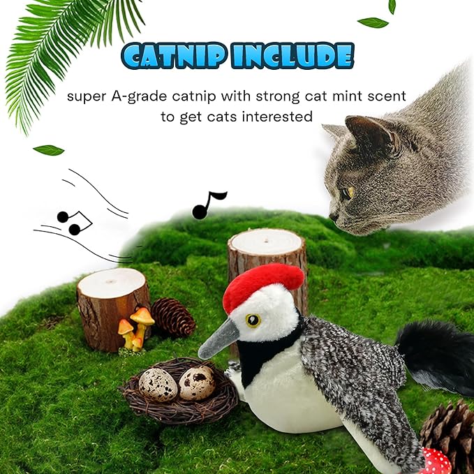 KreizyGo Cat Toys, Flapping Wings Woodpecker, No Flying, Chirping Bird Interactive Catnip Toy for Kitten or Small Dogs, Touch Activated, Rechargeable