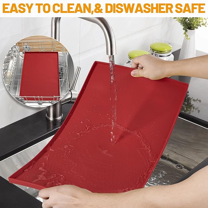 Hubulk Dog Feeding Mat,100% Waterproof Food Grade Silicone Pet Food and Water Bowl Placemat,Dishwasher, High Raised Edge to Prevent Spills,Nonslip Tray to Stop Messes on Floor(28"x18"x0.8", Red)