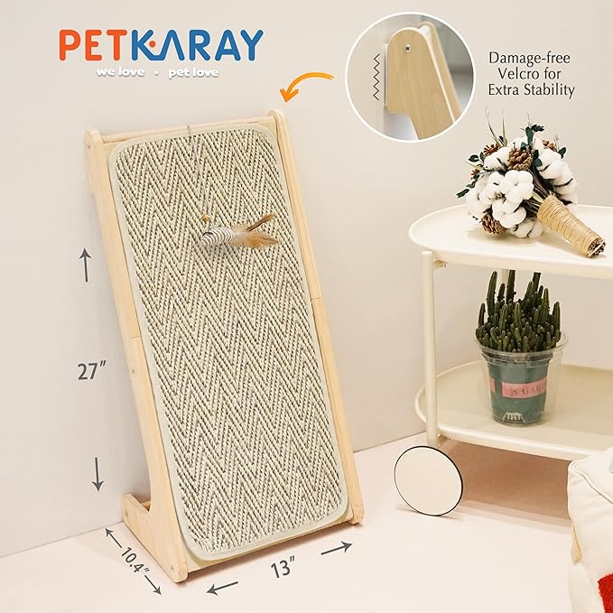PETKARAY L Shape Cat Scratcher, Sisal Scratching Ramp, Chevron Scratching Pad for Indoor Cats, 27" Wall Furniture Protector with Mouse Toy