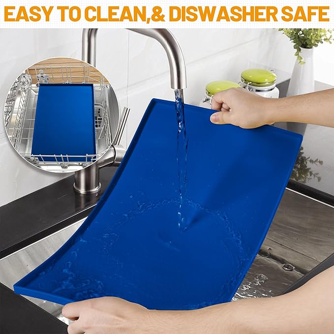 Hubulk Dog Feeding Mat,100% Waterproof Food Grade Silicone Pet Food and Water Bowl Placemat,Dishwasher, High Raised Edge to Prevent Spills,Nonslip Tray to Stop Messes on Floor (19"x12"x0.5", Navy)