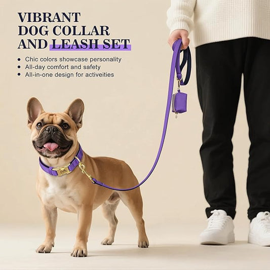 PET ARTIST Personalized Dog Collars, Colorful Purple Custom Dog Collar with Silent Engraved ID Tag, Lightweight Breathable Nylon & Soft Padded, Matching Leash & Poop Bag for Large Dogs,L Fit 15-23"