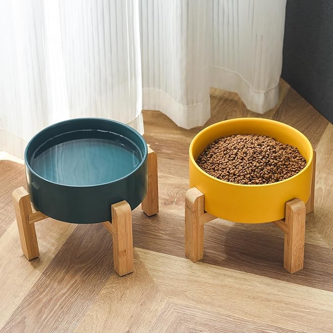 6'' Ceramic Raised Dog Bowl - 30Oz Dog Food & Water Bowl with Elevated Non-Slip Bamboo Stand, Dishwasher & Microwave Safe, Anti Vomiting Heavy Duty Pet Bowl for Small and Medium Dogs, Yellow