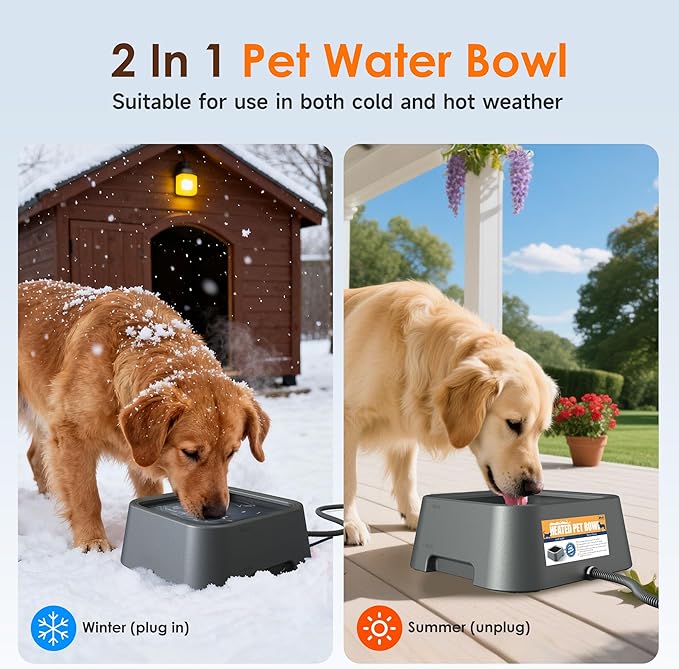 Heated Water Bowl for Dogs & Cats, 3.5L/120oz Large Heated Dog Bowl for Pets & Poultry, Safe Anti-Tip Heated Pet Bowl for Indoor/Outdoor, Melts Ice, Wide Mouth, 25W, 5ft Anti-chew Cord, Gray