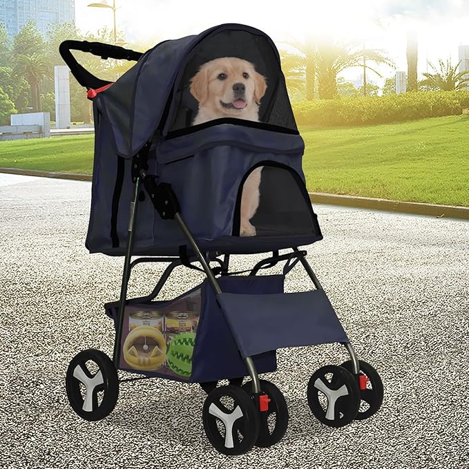Pet Stroller 4 Wheels Dog Cat Stroller for Medium Small Dogs Cats, Folding Cat Jogger Stroller with Storage Basket & Breathable Mesh, Easy to Walk Travel Carrier