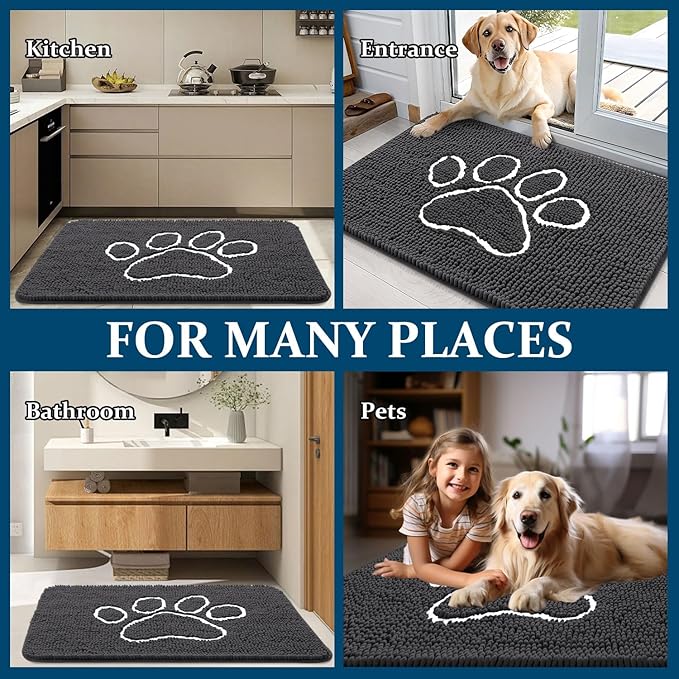 OLANLY Dog Door Mat for Muddy Paws 30x20, Paw Print Design, Absorbs Moisture and Dirt, Absorbent Non-Slip Washable Doormat, Quick Dry Chenille Mud Mat for Dogs, Entry Indoor Entryway Carpet, Dark Grey