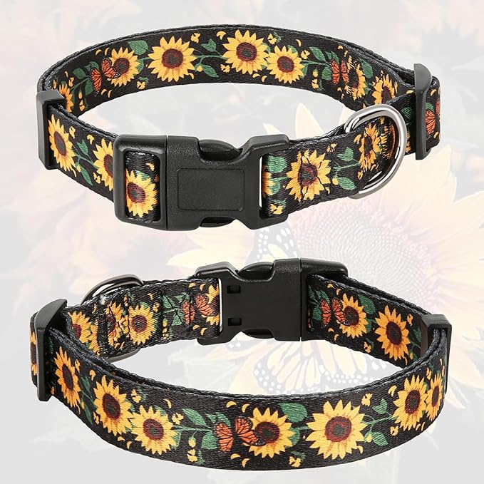 HEELE Dog Collar, Adjustable Soft Dog Collar for Small Medium Large Dogs,Sunflower Floral Patterned Puppy Collars with Quick Release Buckle Sunflower Black M Length 13.39''-20.87''