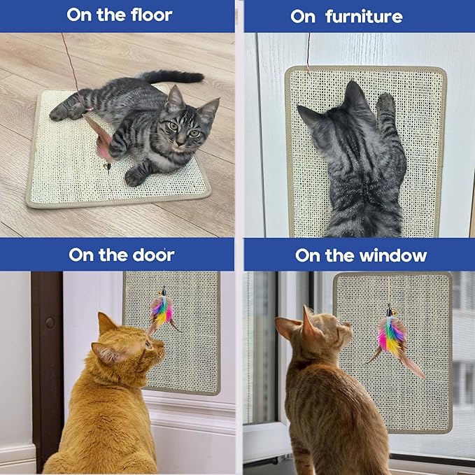 Cat Nail File Scratcher - Natural Sisal Scratch Mat with 80-Grit Aluminum Oxide, Adhesive Sheets & Expansion Screws for Secure Wall/Floor Mounting, Ideal for Trimming Cat Claws 11.12"x14.81"