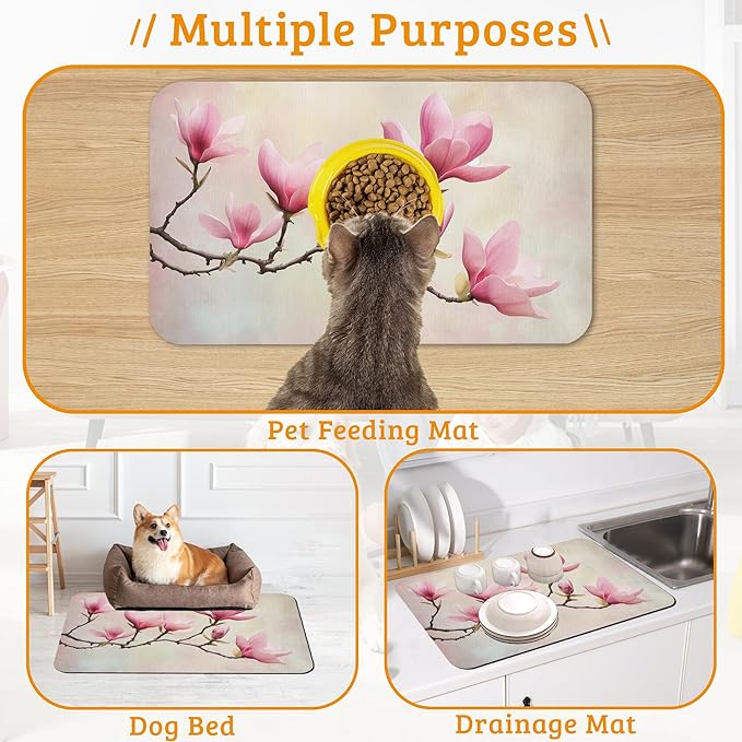 Pink Magnolia Feeding Mat,Vintage Flowers Absorbent Quick-Dry Cat Dog Food and Water Bowl Mats,Non-Slip Rubber Backing Mat,Cat Dog Accessories Supplies 16" x 24"