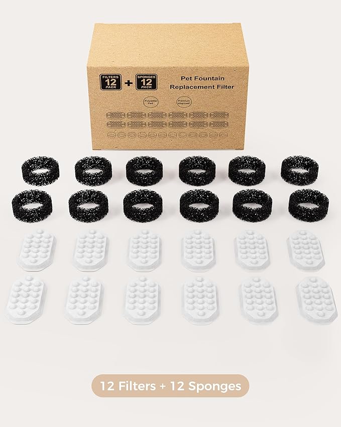 Neareal Official 12 Pack Cat Water Fountain Replacement Filters & Pre-Filter Sponges for 108oz/3.2 Stainless Steel Pet Water Fountain