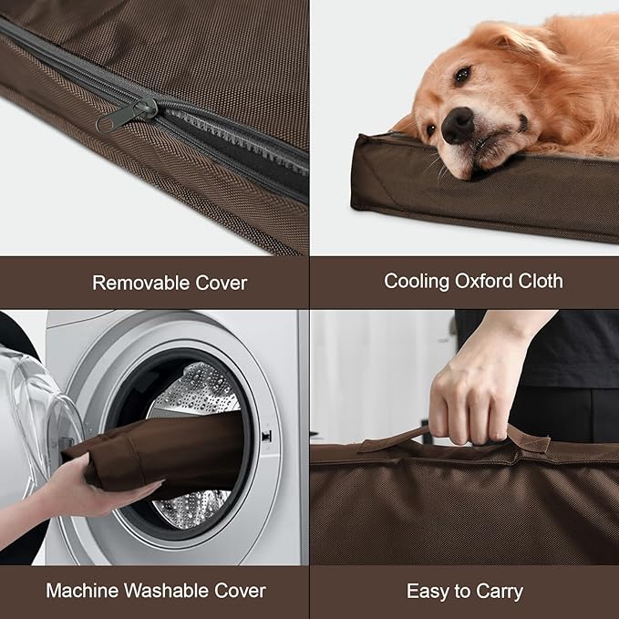 Outdoor Large Washable Dog Bed, Orthopedic Egg Crate Foam Dog Crate Mat for Large Dogs with Removable Oxford Cooling Cover, Brown