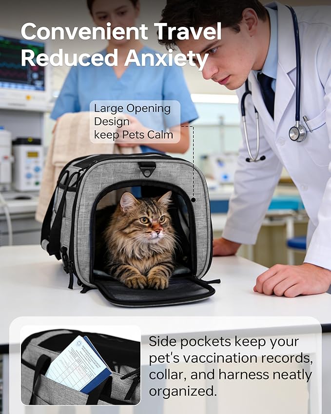 Pet Carrier with Removable Wheels American Airline Approved, Rolling Cat Carrier with Telescopic Handle and Shoulder Strap, Breathable Soft-Sided Carrier with Locking Zipper for Small Cats Dogs(Grey)