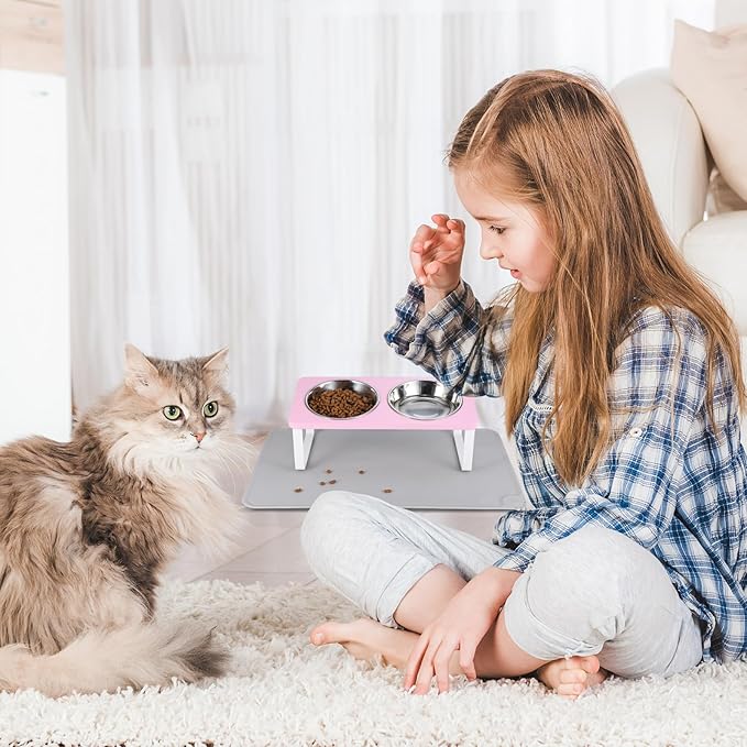 Upgraded Elevated Cat Bowls with Food Mat,15°Tilted Stand Anti Vomiting Raised Cat Dishes for Food and Water,2 Stainless Steel Bowls for Cats and Puppy(Pink)