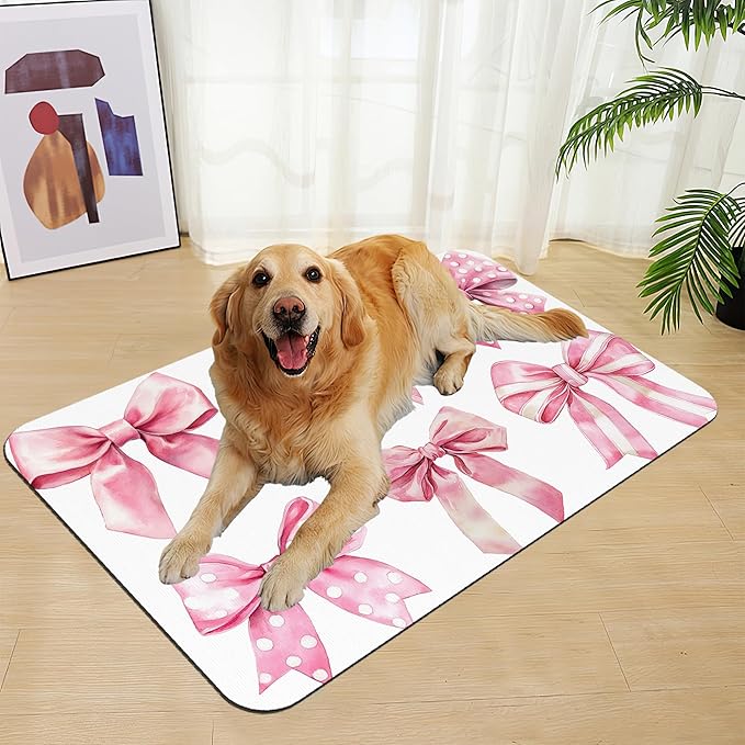 Pink Bows Dog Cat Food Mat–Christmas Stocking Absorbent Waterproof Placemat for Food and Water Bowls, Non Slip Rubber Backing, Feeding Mat for Clean Floors 12"x20"